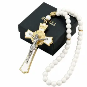 Rudell 975484880829 Catholic Car Rosary Rearview Mirror Hanging White 40 Bead Saint Benedict Cross